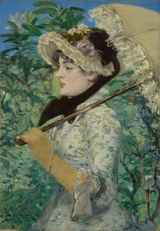 Reproduction of Le Printemps Spring by Edouard Manet. Woman in a hat with a parasol surrounded by greenery.