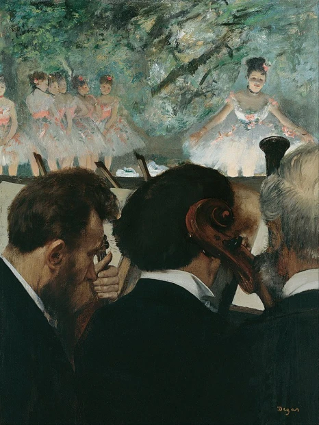 Orchestra Musicians reproduction by Edgar Degas - Graphic design featuring musicians and ballerinas in dynamic poses.