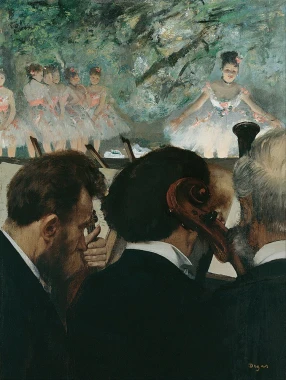 Orchestra Musicians reproduction by Edgar Degas - Graphic design featuring musicians and ballerinas in dynamic poses.