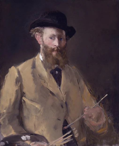 Self-portrait with palette by Edouard Manet - Graphic print. Man in a hat holding a palette and brushes.