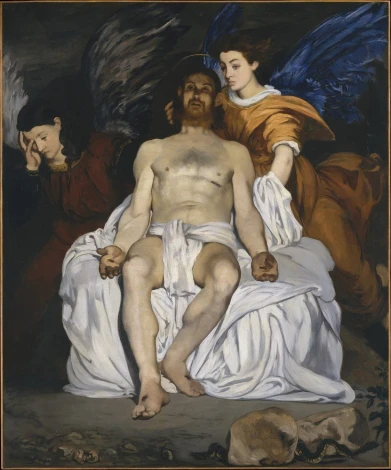 Reproduction of The Dead Christ with Angels by Edouard Manet. Christ is central, surrounded by angels.