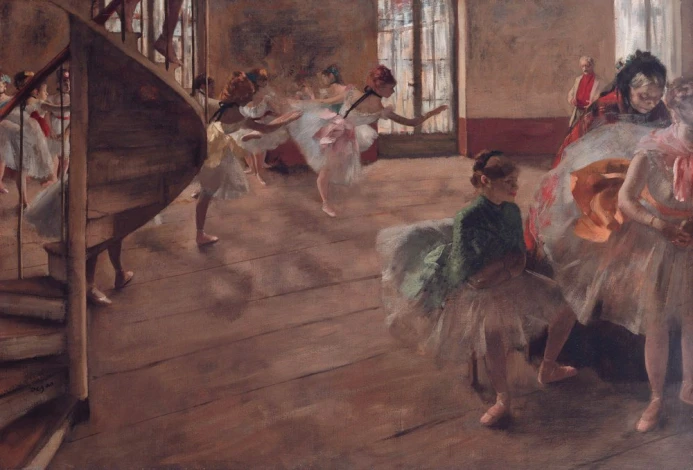 Reproduction of The Rehearsal 1874 by Edgar Degas - Dance studio setting with light-colored walls and wooden floor.