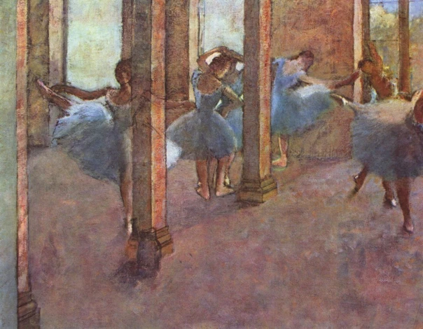 Reproduction of Tanzerinnen im Foyer by Edgar Degas - Graphic design featuring ballet dancers in motion.