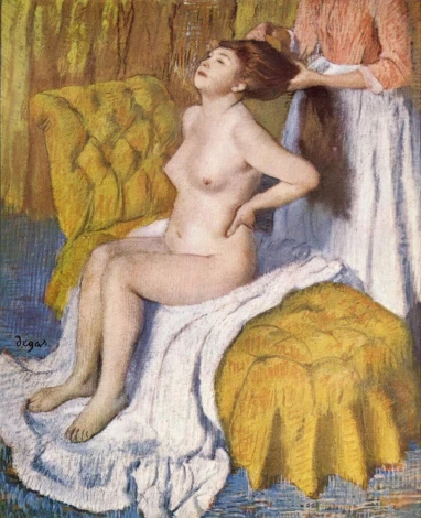 Reproduction of Woman Having Her Hair Combed by Edgar Degas - Styled in a warm-toned living room with elegant furniture.