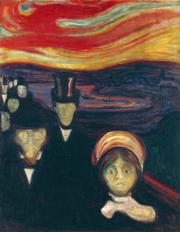 Reproduction of Anxiety by Edvard Munch - Graphic design featuring two figures in dark clothing, one with a hat, against a red background.