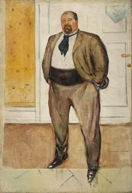 Reproduction of Edvard Munch\'s graphic design by Consul Christen Sandberg. A man in a suit stands against a light wall.