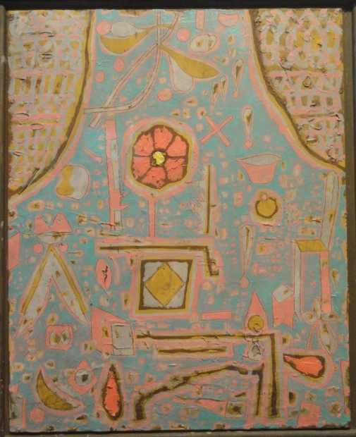 Efflorescence reproduction by Paul Klee - A graphic pattern of colorful shapes, lines, and figures in an abstract layout.