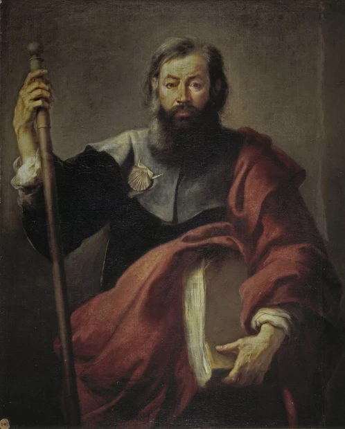 Reproduction of St. James the Apostle by Bartolomé Esteban Murillo. Man in robes holding a staff.