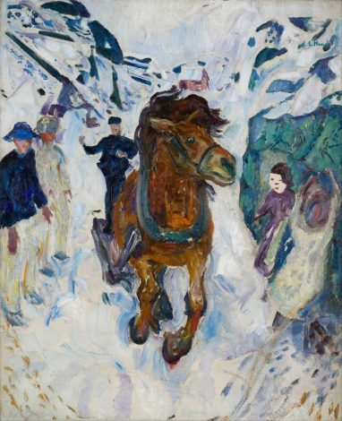 Galloping Horse reproduction by Edvard Munch. The artwork depicts a horse in motion surrounded by human figures.