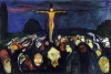 Golgotha reproduction by Edvard Munch - Graphic design featuring a central figure on the cross surrounded by faces.