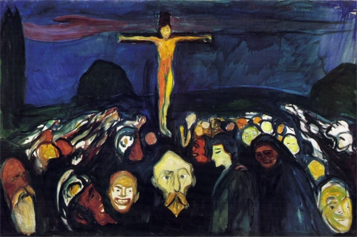 Golgotha reproduction by Edvard Munch - Graphic design featuring a central figure on the cross surrounded by faces.