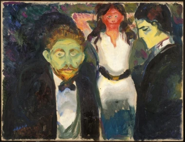 Reproduction of Jealousy by Edvard Munch - Graphic design featuring two male figures and one female in vibrant colors.