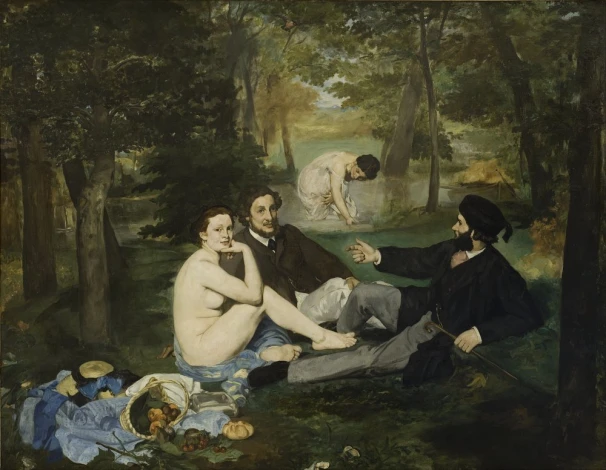 Reproduction of Luncheon on the Grass by Edouard Manet - Garden setting with green trees, grass, and figures in natural poses.