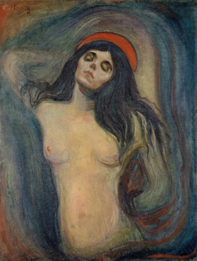 Reproduction of Madonna by Edvard Munch - Graphic design featuring a woman with long hair and vibrant background colors.