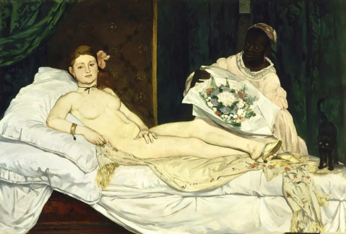 Reproduction of Olympia by Edouard Manet. A woman reclines on pillows, with a Black maid holding a bouquet of flowers.