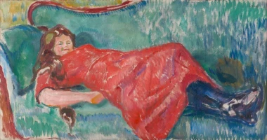 Reproduction of On the Sofa by Edvard Munch - Living room arrangement with light-colored walls and Scandinavian-style furniture.