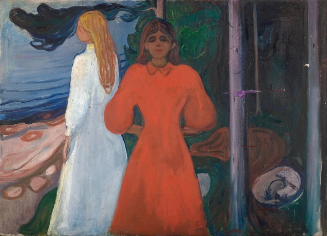Red and White reproduction by Edvard Munch. Two figures, one in a white dress and the other in red, in the background.