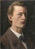 Self-Portrait reproduction by Edvard Munch. Man in a brown jacket with short hair looking to the side.