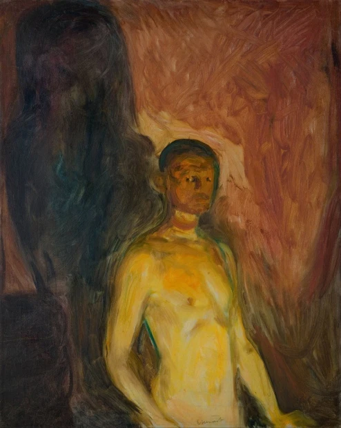 Reproduction of Self-Portrait in Hell by Edvard Munch - Graphic design featuring a nude man in vibrant colors.
