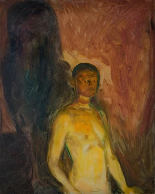 Reproduction of Self-Portrait in Hell by Edvard Munch - Graphic design featuring a nude man in vibrant colors.