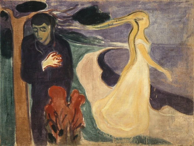 Reproduction of Separation by Edvard Munch - Graphic design featuring figures in emotional interaction with dominant yellow colors.