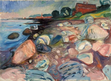 Reproduction of Shore with Red House by Edvard Munch. The image features a rocky beach with a red house in the background.