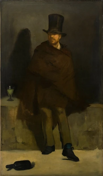 Reproduction of The Absinthe Drinker by Edouard Manet - Graphic design featuring a man in a hat sitting in the shade.