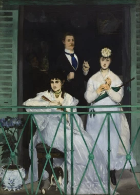 Reproduction of The Balcony by Edouard Manet - Styled in a living room with light-colored walls and classic furniture.