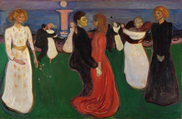 Reproduction of The Dance of Life by Edvard Munch - Graphic design featuring dancing figures on a green background.