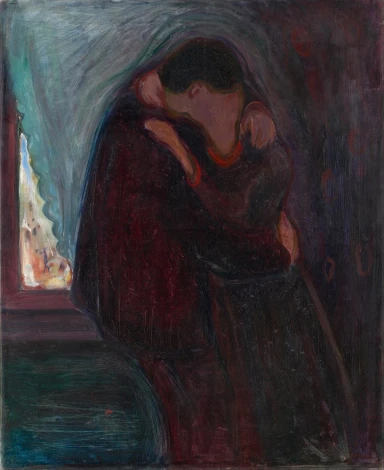Reproduction of The Kiss by Edvard Munch - Graphic design featuring two figures in an embrace with vibrant colors and soft contours.