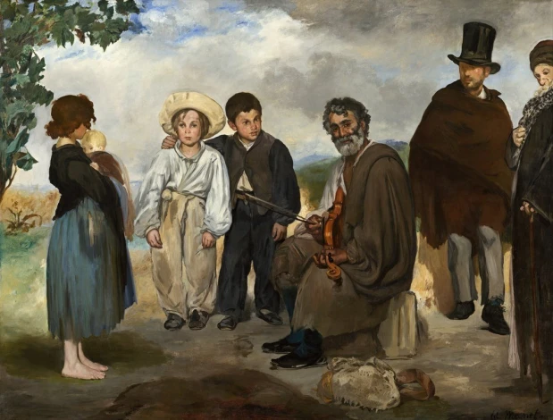 Reproduction of The Old Musician by Edouard Manet - Graphic design featuring figures in various outfits, man playing music.