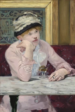 Reproduction of The Plum by Edouard Manet. A woman in a pink blouse sits at a table holding a glass.