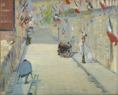 Reproduction of The Rue Mosnier with Flags by Edouard Manet - Graphic design featuring a street with flags, figures, and vehicles.