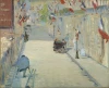 Reproduction of The Rue Mosnier with Flags by Edouard Manet - Graphic design featuring a street with flags, figures, and vehicles.