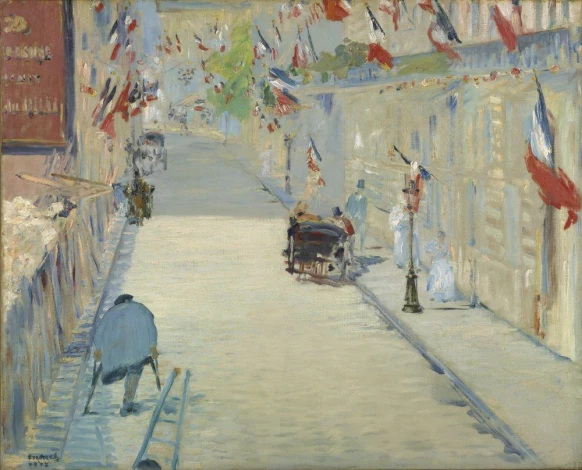 Reproduction of The Rue Mosnier with Flags by Edouard Manet - Graphic design featuring a street with flags, figures, and vehicles.