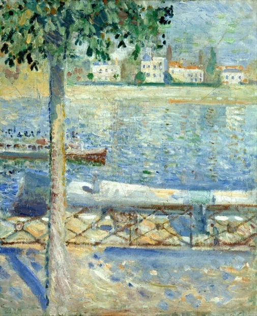 Reproduction of The Seine at Saint-Cloud by Edvard Munch. The image features a river, trees, and buildings in the background.