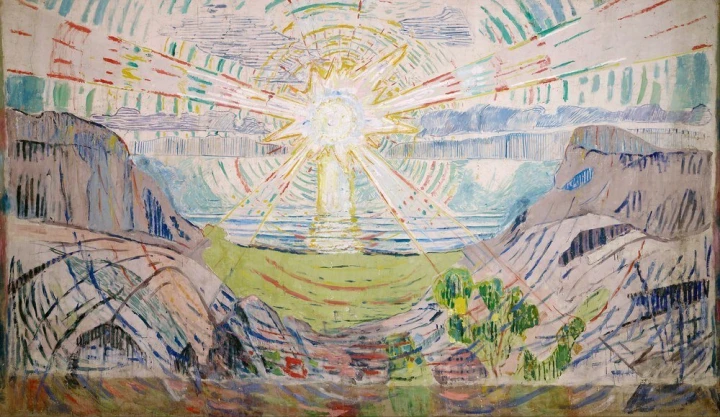 Reproduction of The Sun by Edvard Munch - Graphic design featuring the sun radiating over water, surrounded by colors.