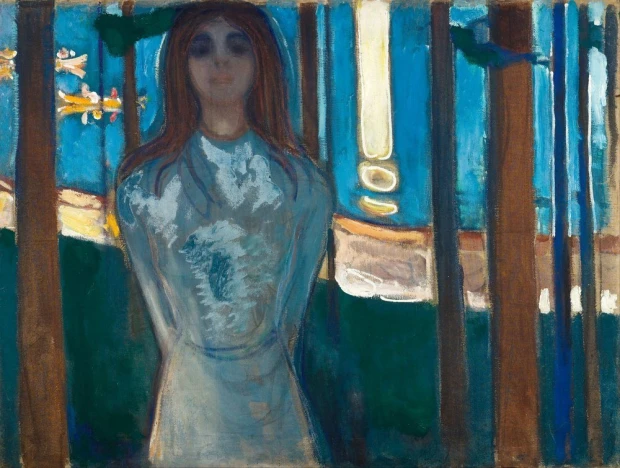 Reproduction of The Voice, Summer Night by Edvard Munch. Figure in a white dress against trees and sky.