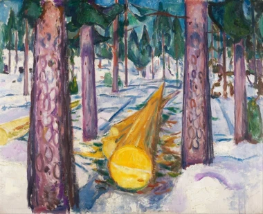 Reproduction of The Yellow Log by Edvard Munch. The image shows a yellow log in a forest, surrounded by greenery.