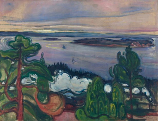 Reproduction of Train Smoke by Edvard Munch - Graphic design featuring a landscape with trees, clouds, and water.