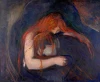 Vampire reproduction by Edvard Munch. A figure with long red hair, bent in sadness against a dark background.