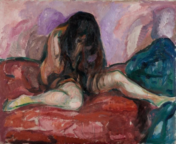 Reproduction of Weeping Nude by Edvard Munch - A graphic design featuring a naked woman on a red background with long hair.