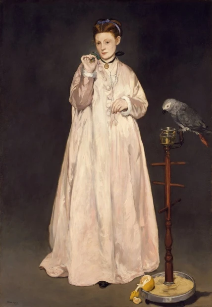 Reproduction of Young Lady in 1866 by Edouard Manet. Woman in a light dress holding an object beside her.