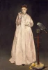Reproduction of Young Lady in 1866 by Edouard Manet. Woman in a light dress holding an object beside her.
