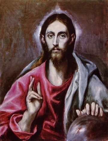 Reproduction of El Greco\'s Der Erloser der Welt. Features a man with long hair in a red cloak.