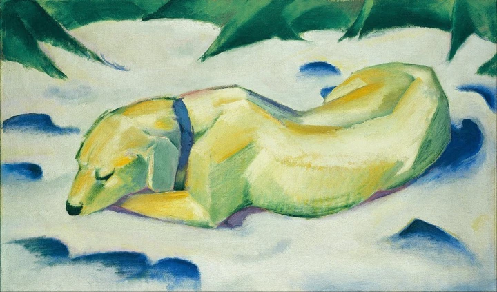 Reproduction of Dog Lying in the Snow by Franz Marc. The image features a dog resting on snow.