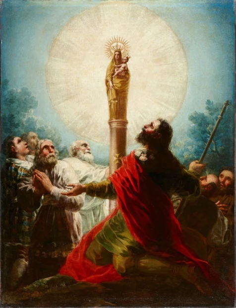 Reproduction of El Apostle Santiago and his disciples worshiping the Virgin of Pilar, Francisco Goya - Graphic design. Characters.