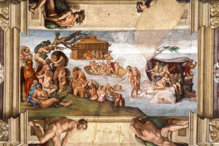 Reproduction of The Universal Flood by Michelangelo - Graphic design featuring the flood scene with human figures.