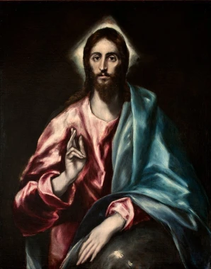El Salvador reproduction by El Greco - Graphic design of a man in a light robe against a dark background.