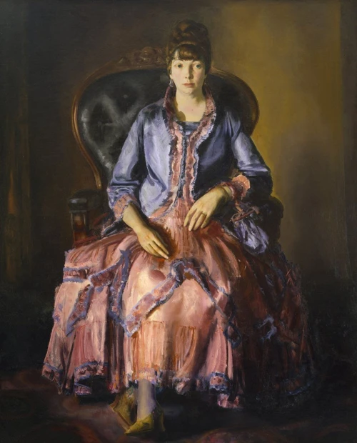 Reproduction of Emma in a Purple Dress by George Bellows - Graphic design featuring a woman in a dark setting.